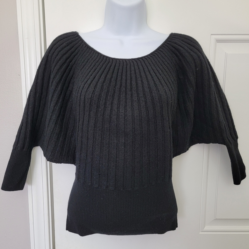 Trina Turk 100% Merino Wool Black Ribbed Cropped Dolman Sweater Size XS